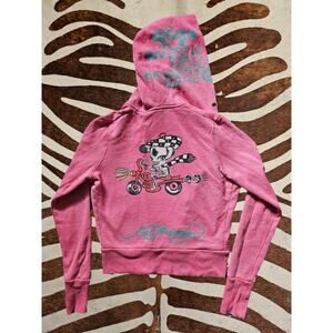 Vintage Y2K Ed Hardy Pink Zip Hoodie Rhinestone Skeleton Motorcycle *No Zipper